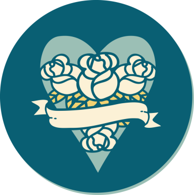 Geleneksel kalp stili dövme çıkartması ve bir insan tarafından çizilmiş çiçekli pankart.