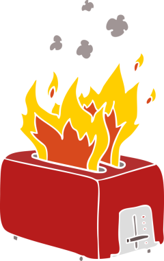 Bir insan tarafından çizilmiş düz renk çizgi film yanan tost makinesi.