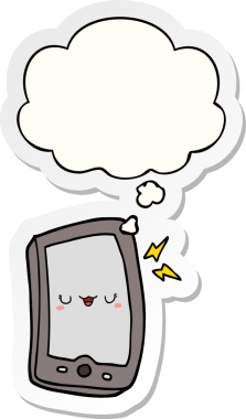 Bir insan tarafından çizilmiş bir çıkartma olarak düşünce baloncuklu şirin çizgi film cep telefonu.