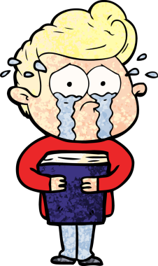 Bir insan tarafından çizilmiş kitabı tutan ağlayan bir adam.