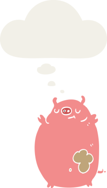 Düşünce baloncuğu olan şişman domuz insan tarafından çizilmiş.