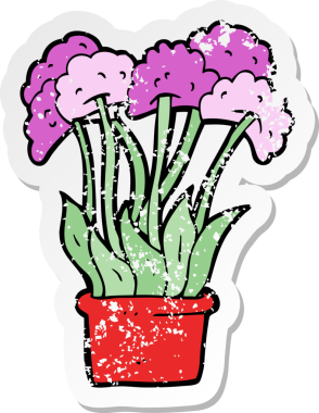 Bir insan tarafından çizilmiş saksıdaki çiçek desenli karikatür çıkartması.