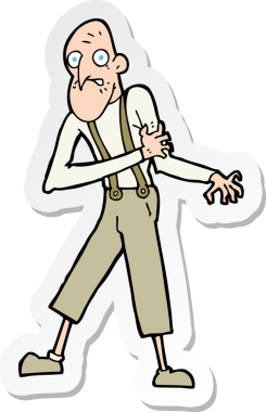 Karikatür çıkartması. Yaşlı bir adam kalp krizi geçiriyor. Bir insan tarafından çizilmiş.