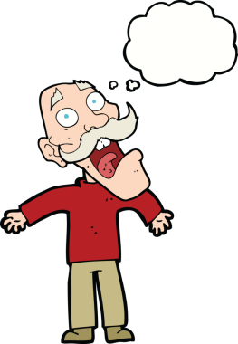 Karikatür, bir insan tarafından çizilmiş düşünce balonlu yaşlı adamı dehşete düşürdü.