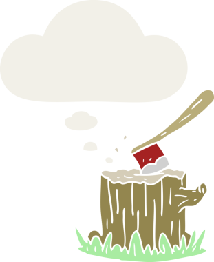 Ağaçta baltayla çizilmiş bir balta. Düşünce baloncuğu insan tarafından çizilmiş.