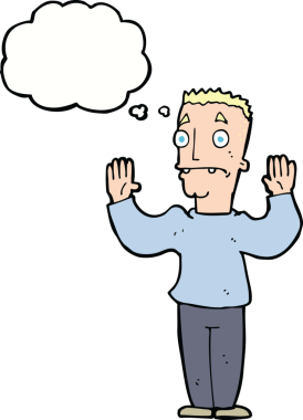 Bir insan tarafından çizilmiş düşünce baloncuğuyla teslim olan bir çizgi film adamı.