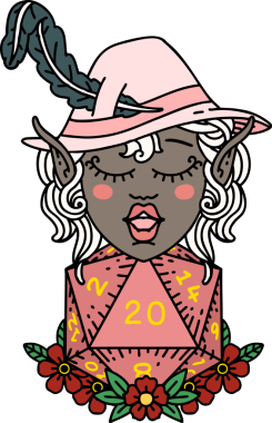 Retro Dövme Tarzı Elf karakteri Bir insan tarafından çizilmiş doğal yirmi zar ile