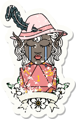 Retro Dövme Tarzı Ağlayan Elf Ozan Karakteri Bir insan tarafından çizilmiş doğal D20 rulo