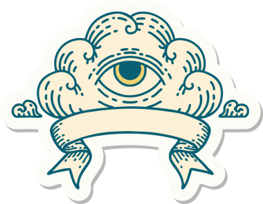 Bir insan tarafından çizilmiş her şeyi gören bir göz bulutu dövmesi stili çıkartması