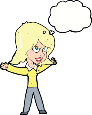 Bir insan tarafından çizilmiş düşünce balonuyla hareket eden karikatür kadın.