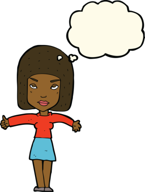 Bir insan tarafından çizilmiş düşünce baloncuğuyla baş parmağıyla işaret veren çizgi film kadını.