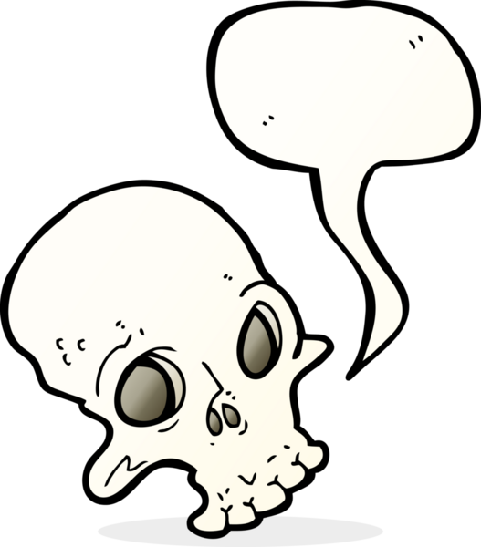 Bir insan tarafından çizilmiş konuşma baloncuğu olan karikatürümsü kafatası.
