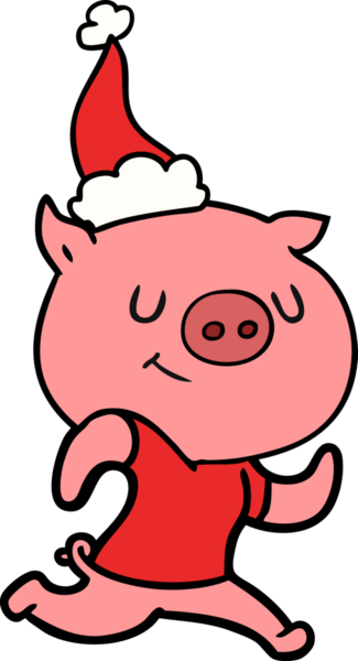 Bir insan tarafından çizilmiş Noel Baba şapkasıyla koşan bir domuzun çizdiği mutlu el çizimi.