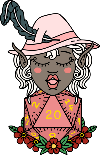 Retro Dövme Tarzı Elf karakteri Bir insan tarafından çizilmiş doğal yirmi zar ile