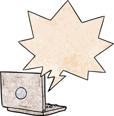 bir insan tarafından çizilmiş, konuşma baloncuklu çizgi film dizüstü bilgisayarı