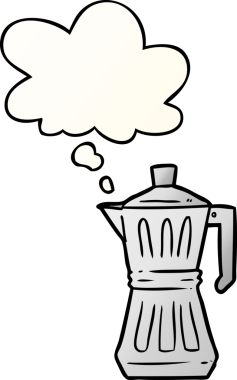 Bir insan tarafından çizilmiş yumuşak eğimli düşünce baloncuğu olan çizgi film espresso makinesi.