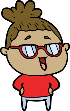 Bir insan tarafından çizilmiş gözlüklü mutlu kadın çizgi filmi.