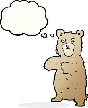 Bir insan tarafından çizilmiş düşünce baloncuklu çizgi film ayısı.