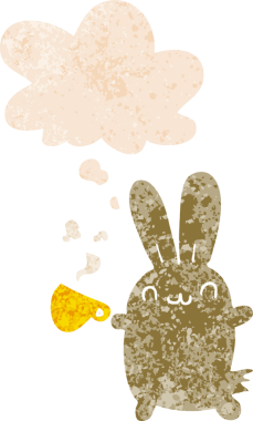 Sevimli çizgi film tavşanı. Düşünce baloncuklu kahve içiyor. Grunge 'da.