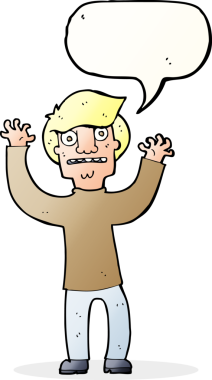 Bir insan tarafından çizilmiş, konuşma balonuyla dehşete düşmüş bir adam.