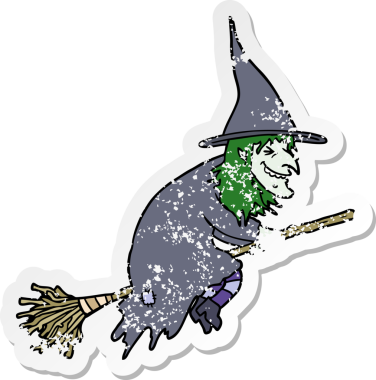 Bir insan tarafından çizilmiş süpürgeye çizilmiş karikatür cadısının sıkıntılı çıkartması.