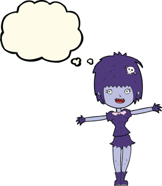 Bir insan tarafından çizilmiş düşünce balonlu mutlu vampir kız çizgi filmi.