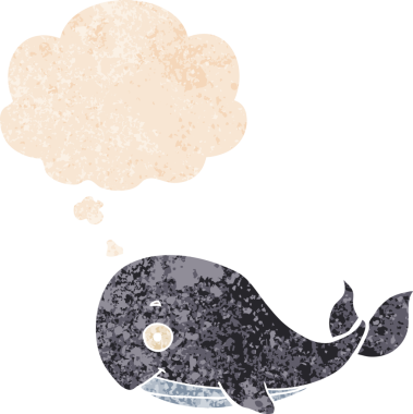 Düşünce baloncuklu çizgi film balinası grunge sıkıntılı retro dokulu bir insan tarafından çizilmiş