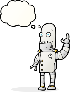 Bir insan tarafından çizilmiş düşünce baloncuklu çizgi film robotu.