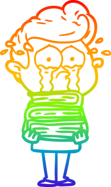 Gökkuşağı gradyan çizimi bir insan tarafından çizilmiş kitap yığınıyla ağlayan bir öğrencinin çizimi