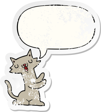 Konuşma baloncuğu olan çizgi film kedisi bir insan tarafından çizilmiş sıkıntılı eski bir çıkartma