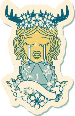 Retro Dövme Tarzı Ağlayan Ork barbar karakter yüzü ve bir insan tarafından çizilmiş doğal bir D20 rulo