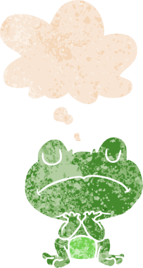 Düşünce baloncuğu ile çizgi film kurbağası grunge sıkıntılı retro dokuma tarzı bir insan tarafından çizilmiş