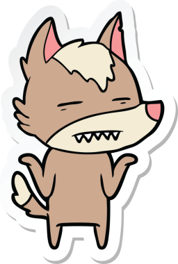 Bir insan tarafından çizilmiş dişleri gösteren bir kurt çizgi film etiketi.