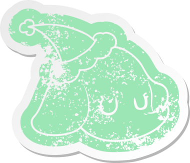 Bir insan tarafından çizilmiş Noel Baba şapkası giyen fil suratlı garip bir karikatür.