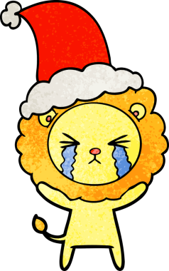 Ağlayan aslanın el çizimi bir insan tarafından çizilmiş Noel Baba şapkası.