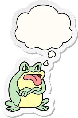 Huysuz karikatür kurbağası. Düşünce baloncuğu insan tarafından çizilmiş bir çıkartma.