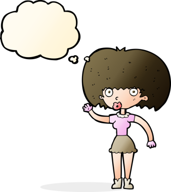 Bir insan tarafından çizilmiş düşünce baloncuğuyla el sallayan çizgi film kadını.