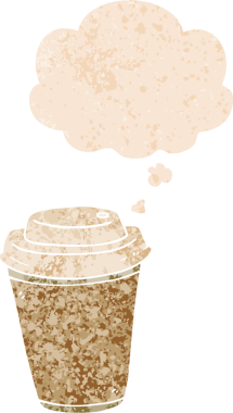 Düşünce baloncuklu çizgi film kahve fincanı bir insan tarafından çizilmiş dertli retro desenli.