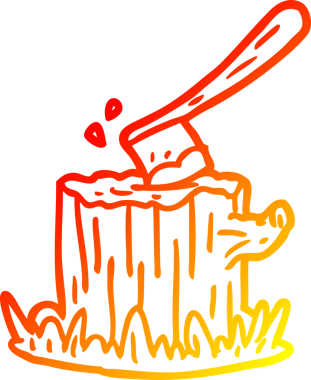 Bir insan tarafından çizilmiş ağaç kütüğüne saplanmış bir baltanın sıcak eğimli çizgisi.