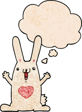 Çizgi film tavşanı, insan tarafından çizilmiş grunge dokusunda düşünce baloncuğuna aşık.