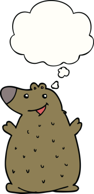 Bir insan tarafından çizilmiş düşünce baloncuklu mutlu ayı çizgi filmi.