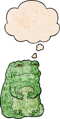 bir insan tarafından çizilmiş grunge doku biçiminde düşünce baloncuğu olan kendini beğenmiş çizgi film karakurbağası.