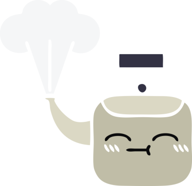 Bir insan tarafından çizilen dumanı tüten bir çaydanlığın düz renkli retro karikatürü