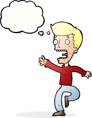 Bir insan tarafından çizilmiş düşünce baloncuğuyla dehşete düşmüş bir adam.