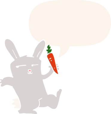 Havuçlu çizgi film tavşanı. Konuşma baloncuğu insan tarafından çizilmiş.