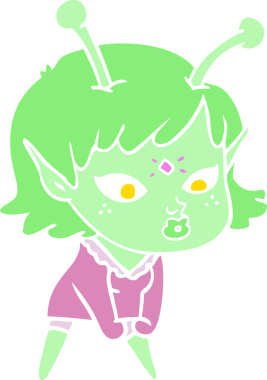 Bir insan tarafından çizilmiş düz renk çizgi film uzaylı kızı.