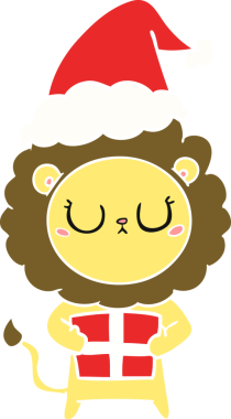 Bir insan tarafından çizilmiş Noel Baba şapkası takan bir aslanın düz renkli çizimi.