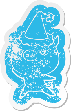 Mutlu çizgi film, insan tarafından çizilmiş Noel Baba şapkası takan bir domuzun sıkıntılı çıkartması.