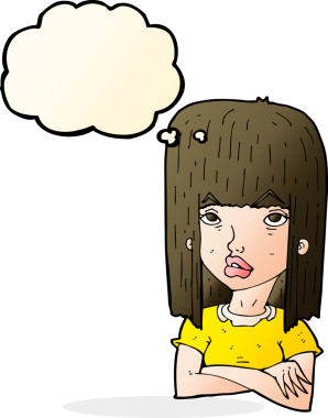 Bir insan tarafından çizilmiş düşünce balonuyla kollarını kavuşturmuş çizgi film kızı.