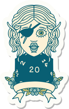 Bir insan tarafından çizilmiş doğal yirmi zarlı düzenbaz bir elf karakterinin çıkartması.